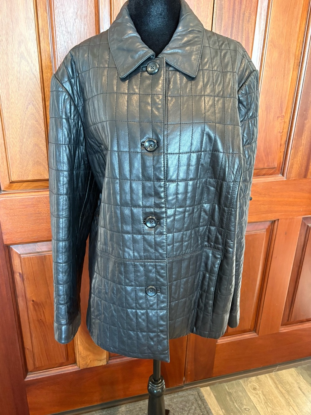 Preston & York Lamb Skin Leather Quilted Black Jacket/coat Sz XL Button Front